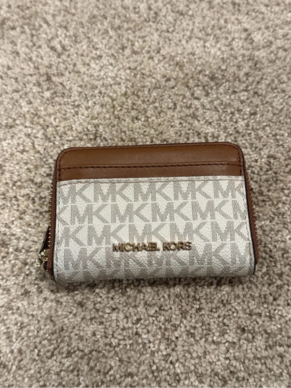 Michael Kors Beige Signature Logo Compact Card Holder with Brown Trim